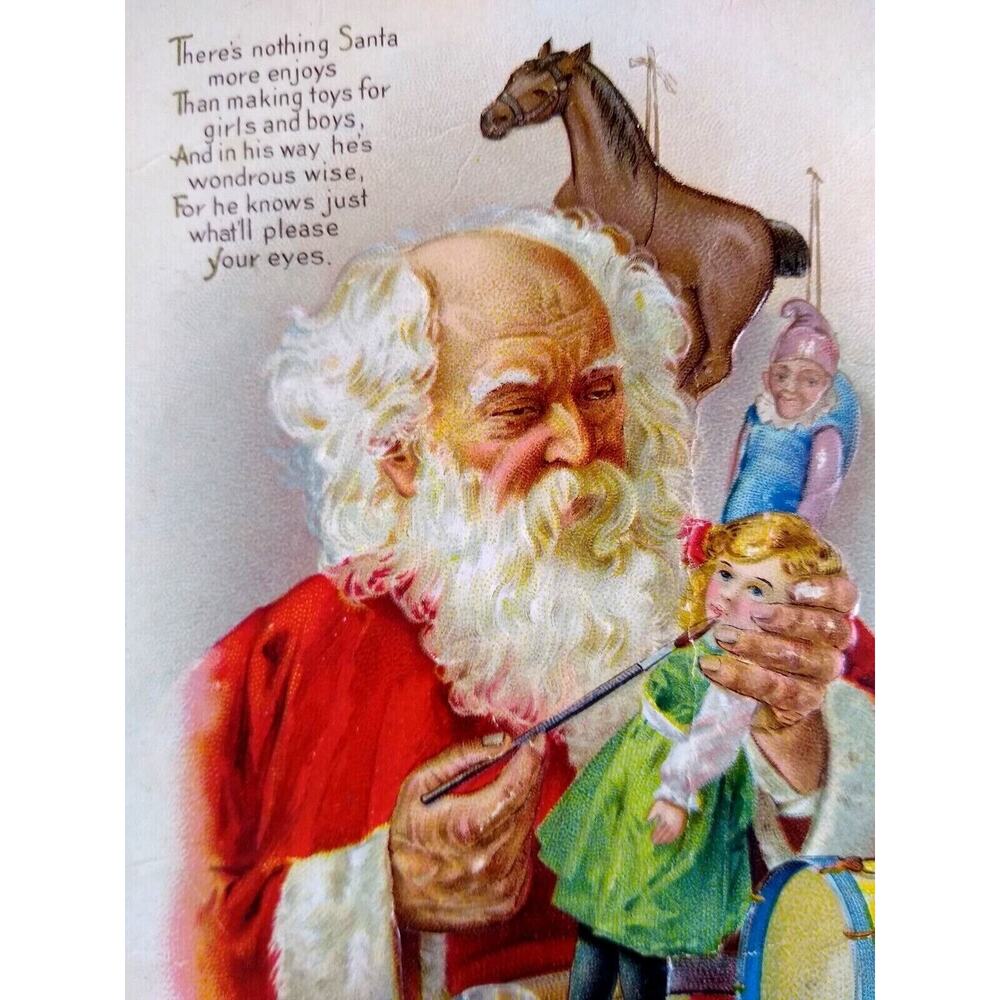 Santa Claus With Hat Christmas Postcard Painting Children Toy Doll Horse C-147